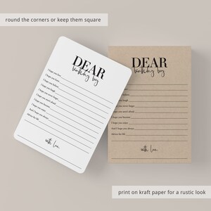 May include: Two printable cards with the text "DEAR birthday boy" at the top. The cards have lines for writing messages and the text "with love" at the bottom.
