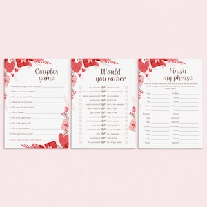 Peut inclure: Un jeu de soci&eacute;t&eacute; imprimable pour la Saint-Valentin pour les couples avec trois sections&nbsp;: &laquo;&nbsp;Jeu de couple&nbsp;&raquo;, &laquo;&nbsp;Plut&ocirc;t&nbsp;&raquo; et &laquo;&nbsp;Terminez ma phrase&nbsp;&raquo;. Le jeu pr&eacute;sente des c&oelig;urs rouges, des fleurs et des cadeaux sur un fond rose.