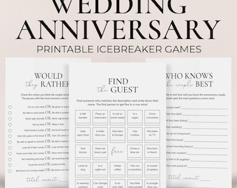 Puede incluir: Tres tarjetas de juego de rompehielos imprimibles para un aniversario de boda con texto negro sobre fondo blanco. La primera tarjeta se titula "Would They Rather" y tiene una lista de preguntas con dos opciones para que los invitados respondan. La segunda tarjeta se titula "Find the Guest" y tiene una cuadrícula de descripciones y un espacio en blanco para que los invitados escriban el nombre de un invitado que coincida con la descripción. La tercera tarjeta se titula "Who Knows the Couple Best" y tiene una lista de preguntas sobre la pareja para que los invitados respondan.