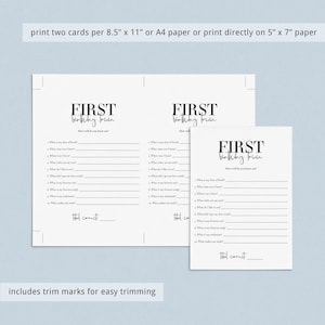 Flatlay of printable First Birthday Party Quiz, size 8.5x11 and 5x7
