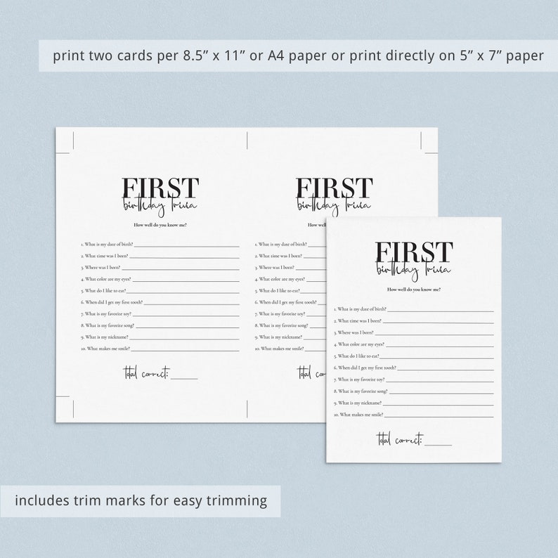 Flatlay of printable First Birthday Party Quiz, size 8.5x11 and 5x7