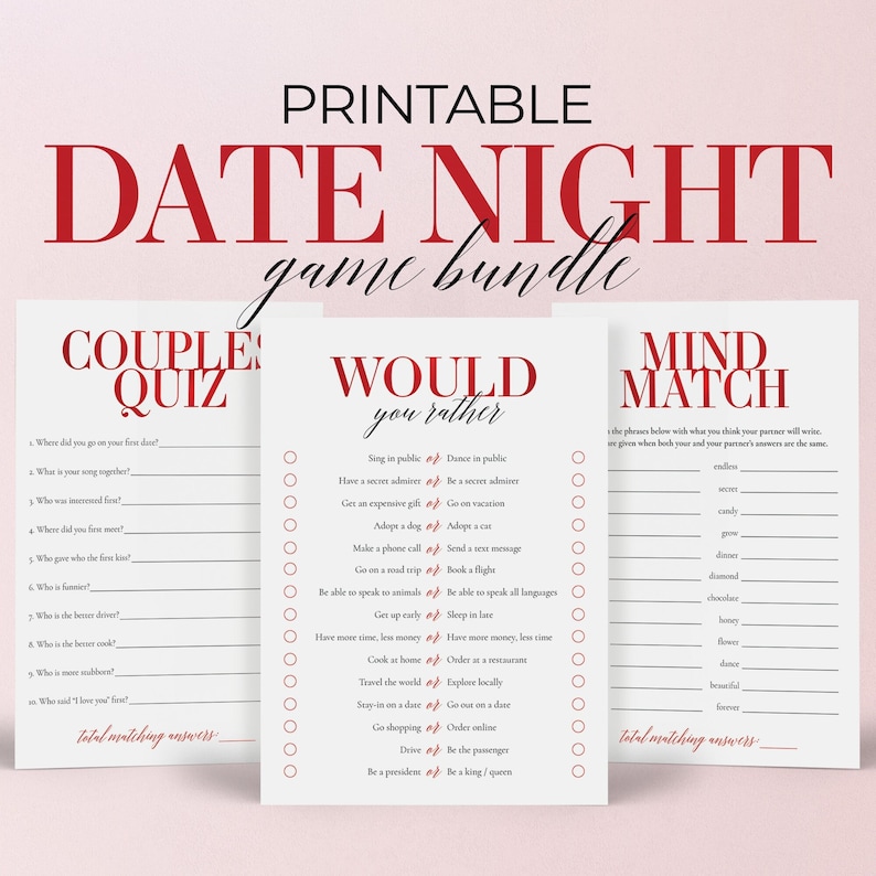 Peut inclure: Ensemble de jeux de soir&eacute;e pour couples imprimable avec trois jeux diff&eacute;rents&nbsp;: Couple Quiz, Would You Rather et Mind Match. Les jeux sont imprim&eacute;s sur du papier blanc avec du texte rouge et des cercles noirs pour les r&eacute;ponses.