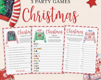 May include: Three Christmas party game sheets featuring Family Feud, Emoji Pictionary, and Finish My Phrase. Each sheet includes festive sweater illustrations, red text, and numbered lines for answers. The background has a red and white knit pattern.