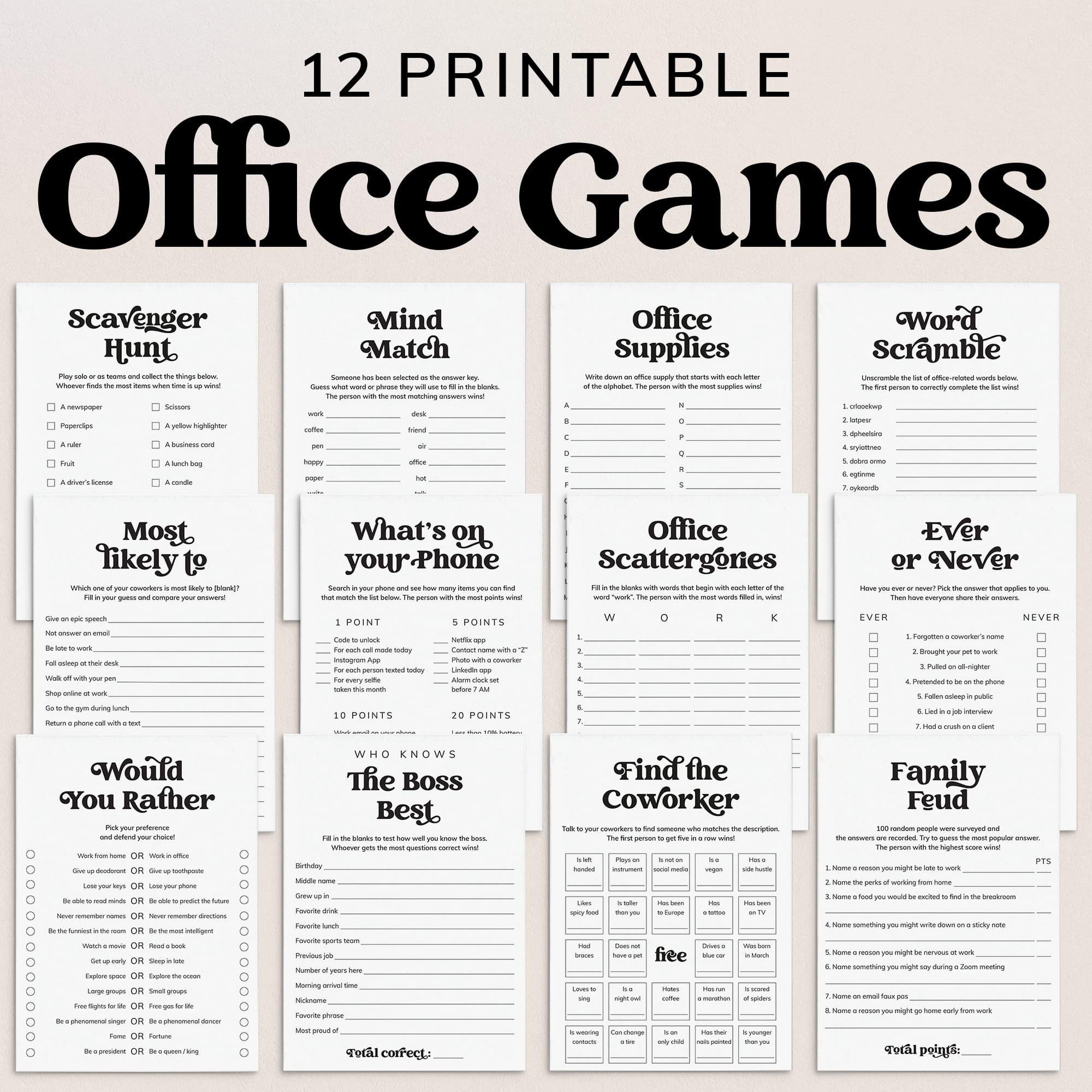 Office Games Printable Office Party Games for Work Happy Hour Activities Fun Team Building Icebreaker Games Staff Meeting Game Cards PDF MV1