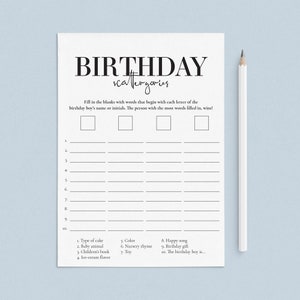 Baby Boy's First Birthday Party Game Scattergories with pencil