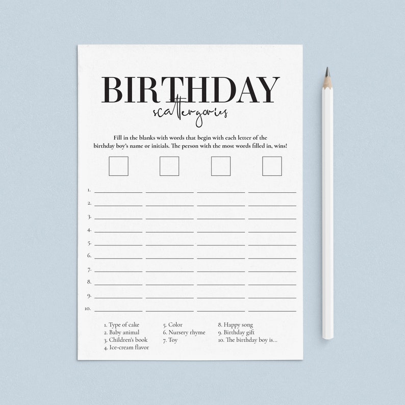 Baby Boy's First Birthday Party Game Scattergories with pencil