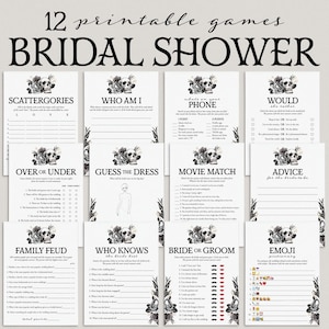 May include: A set of 12 printable bridal shower games featuring a black and white skull and floral illustration at the top of each page. The text includes titles like Scattergories, Who Am I, Movie Match, and Emoji Pictionary with lines for writing.
