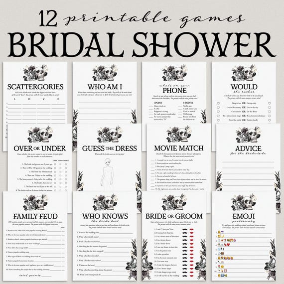 Bride or Die Bridal Shower Games Bundle Printable Til Death Party Games Gothic Black Floral Skull Bridal Games Goth Bridal Family Feud FS1