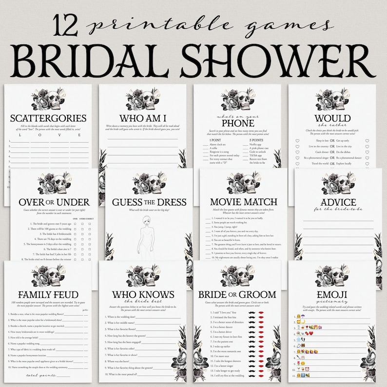 Bride or Die Bridal Shower Games Bundle Printable Til Death Party Games Gothic Black Floral Skull Bridal Games Goth Bridal Family Feud FS1 image 1
