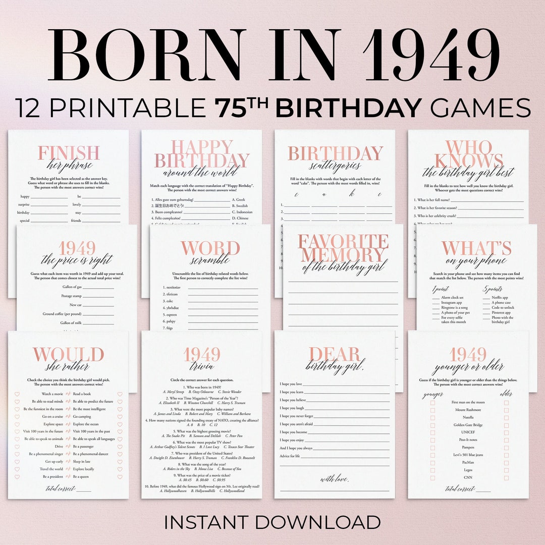 75th Birthday Games for Her Born in 1949 Birthday Party Games 75 ...