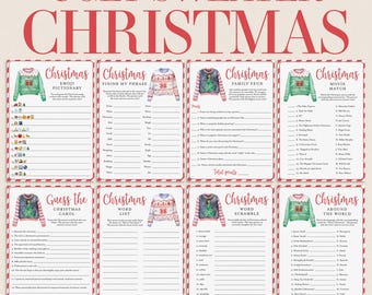 May include: A set of eight printable Christmas game sheets titled Ugly Sweater Christmas. Each sheet features a unique holiday activity, including Emoji Pictionary, Finish My Phrase, Family Feud, Movie Match, Guess the Christmas Carol, Word List, Word Scramble, and Around the World, decorated with illustrations of sweaters.