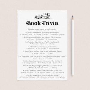 May include: A black and white printable book trivia quiz with ten multiple choice questions about classic books. The quiz is designed to test your knowledge of popular novels.