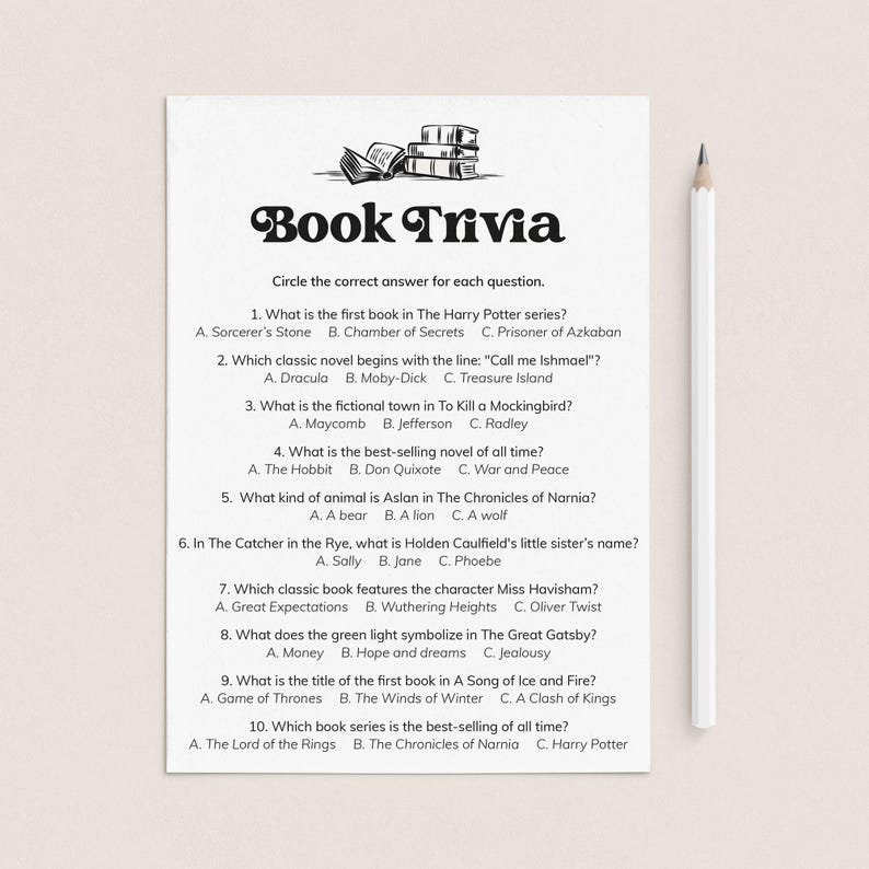 May include: A black and white printable book trivia quiz with ten multiple choice questions about classic books. The quiz is designed to test your knowledge of popular novels.