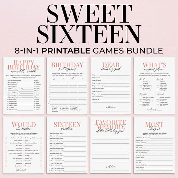 Sweet 16 Games Bundle Printable 16th Birthday Games Sweet 16 Party Games Sweet 16 Rose Gold Birthday Girl 16 Bday Games Teen Birthday MB2