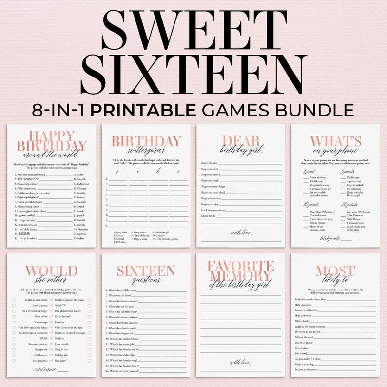 Peut inclure: Cartes de jeu imprimables pour une f&ecirc;te d'anniversaire Sweet Sixteen. Les cartes pr&eacute;sentent des jeux comme "Joyeux anniversaire autour du monde", "Scattergories d'anniversaire", "Ch&egrave;re fille d'anniversaire", "Quoi sur votre t&eacute;l&eacute;phone", "Pr&eacute;f&eacute;reriez-vous", "Seize questions", "Souvenir pr&eacute;f&eacute;r&eacute; de la fille d'anniversaire" et "Le plus susceptible de".