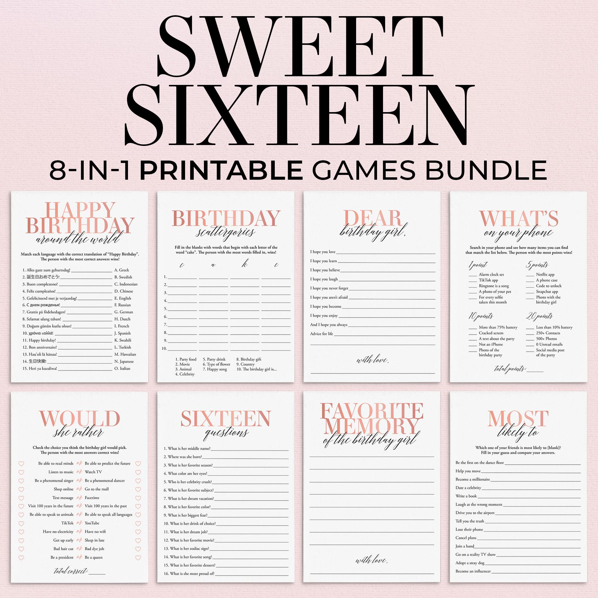 Sweet 16 Games Bundle Printable 16th Birthday Games Sweet 16 Party Games Sweet 16 Rose Gold Birthday Girl 16 Bday Games Teen Birthday MB2