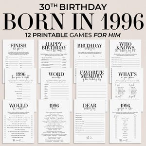 Könnte beinhalten: Eine Sammlung von 12 druckbaren Geburtstagsspielen mit dem Text "30. Geburtstag geboren 1996". Die Spiele umfassen "Beende seinen Satz", "Happy Birthday Around the World" und "Wer kennt den Geburtstagskind?".