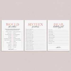 May include: Three printable cards for a 16th birthday party. The first card has a pink and white design with the text "Would She Rather" and a list of questions. The second card has a pink and white design with the text "Sixteen Questions" and a list of questions. The third card has a pink and white design with the text "Dear Birthday Girl" and a list of well wishes.