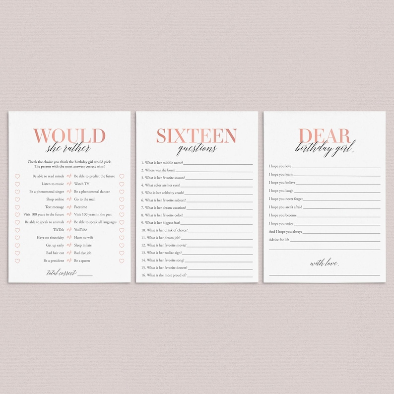 May include: Three printable cards for a 16th birthday party. The first card has a pink and white design with the text "Would She Rather" and a list of questions. The second card has a pink and white design with the text "Sixteen Questions" and a list of questions. The third card has a pink and white design with the text "Dear Birthday Girl" and a list of well wishes.