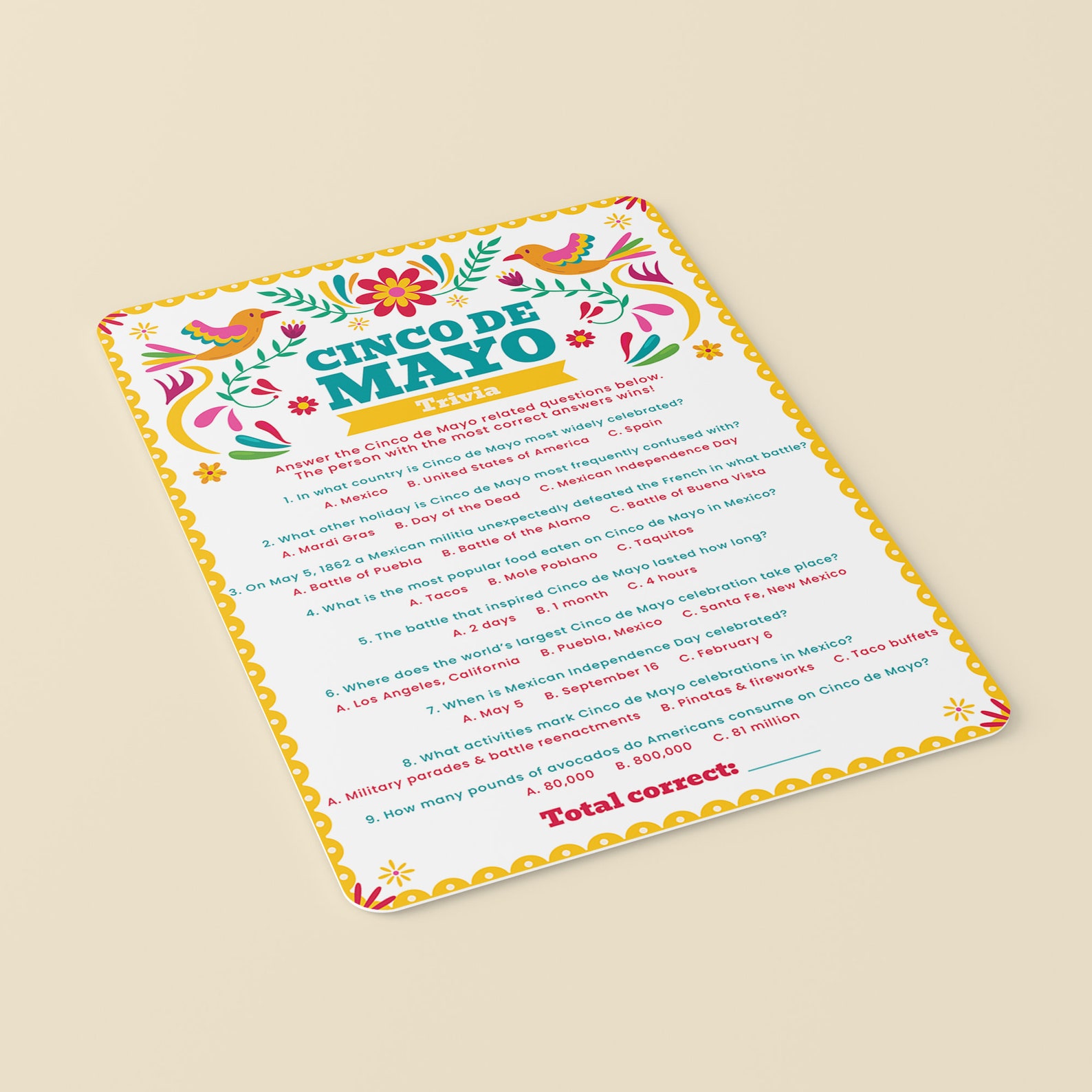 Cinco De Mayo Trivia Game Printable Cinco De Mayo Game for - Etsy