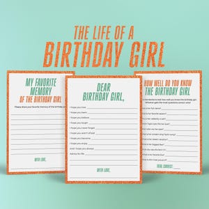 Pode incluir: Três cartões brancos com bordas de glitter laranja e o texto "The Life of a Birthday Girl". Os cartões incluem prompts para preencher para uma festa de aniversário, como "My Favorite Memory" e "How Well Do You Know the Birthday Girl."