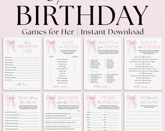 Coquette Birthday Party Games for Her Pink Bow Adult Birthday Games Printable Bow 40th 30th Birthday Party Decor Elegant Pink Bow Themed PB1