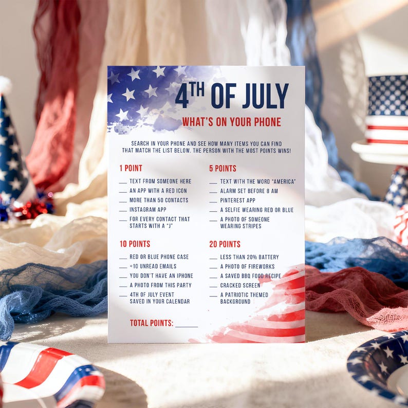 以下が含まれることがあります： 「4th of July」のテキストと、携帯電話で見つけるアイテムのリストが特徴の、青と赤の愛国的なテーマの白いカード。このカードは、独立記念日にプレイするゲームとして設計されています。