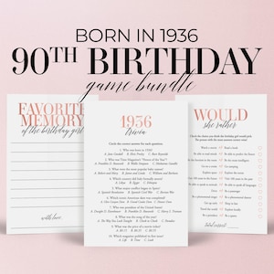 May include: A 90th birthday game bundle with three printable game sheets. The games include trivia from 1936, a "Would She Rather" game, and a "Favorite Memory" game. The text is in black and rose gold on a white background.