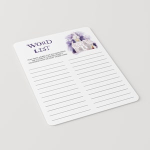 以下が含まれることがあります： 紫色の「WORD LIST」という文字が入った白い長方形のゲームカード。お化け屋敷の水彩イラストと書き込み用の線が特徴です。「HOW MANY WORDS CAN YOU MAKE FROM THE LETTERS IN 'HAUNTED HOUSE'? THE PERSON WITH THE MOST WORDS WINS!」というテキストが入っています。