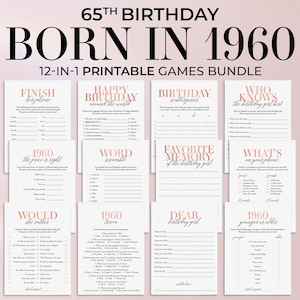 65th Birthday Games for Woman Born in 1960 65 Birthday Party Games for Mom Printable 65 Birthday Party Back in 1960 Trivia Younger Older MB2