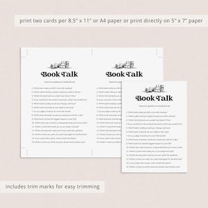 May include: Two printable cards with black and white illustrations of books. The cards feature a list of 15 book-themed conversation starters with the title "Book Talk".