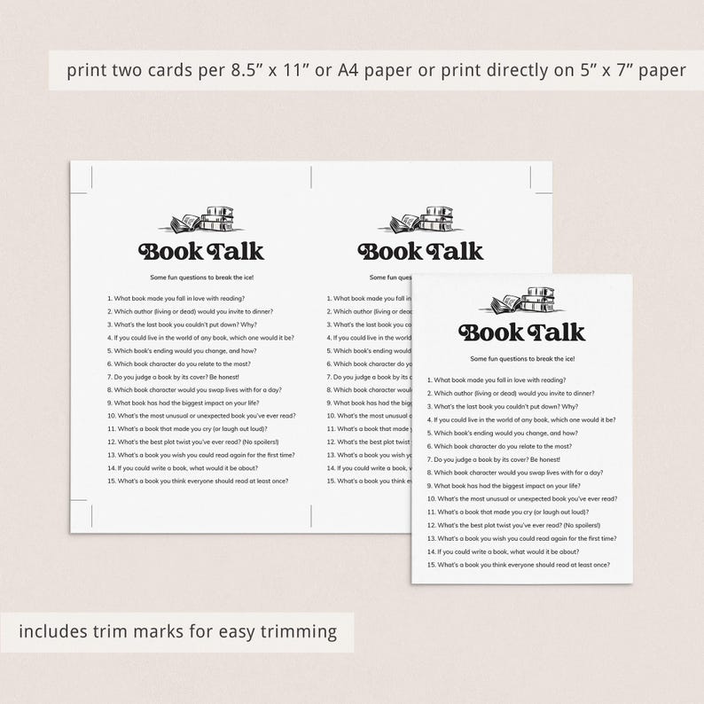 May include: Two printable cards with black and white illustrations of books. The cards feature a list of 15 book-themed conversation starters with the title "Book Talk".