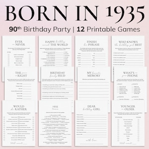 90th Birthday Games Bundle for Her Born in 1935 90th Birthday Party Game Cards 90 Birthday Trivia 1935 Price is Right 90 Years Old Woman PP2