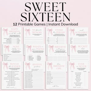 Pink Sweet Sixteen Birthday Games Bow Sweet 16 Birthday Games Coquette 16th Birthday Table Decor Fun Girl 16th Birthday Cards Download PB1