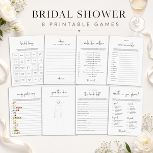 May include: A set of eight printable bridal shower game cards featuring black text on white paper. The collection includes Bridal Bingo, Advice for the Bride-to-Be, Would She Rather, Word Scramble, Emoji Pictionary, Guess the Dress, Who Knows the Bride Best, and What's on Your Phone.
