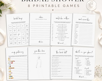 May include: A set of eight printable bridal shower game cards featuring black text on white paper. The collection includes Bridal Bingo, Advice for the Bride-to-Be, Would She Rather, Word Scramble, Emoji Pictionary, Guess the Dress, Who Knows the Bride Best, and What's on Your Phone.