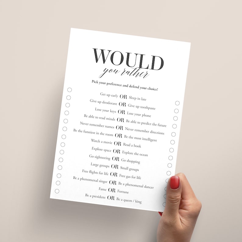 May include: A printable "Would You Rather" game with 12 questions. Each question has two options, printed in black text on a white background.