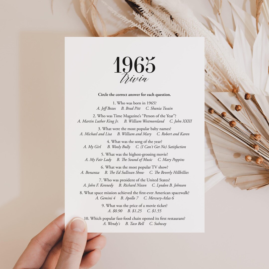 1965 Trivia Printable 60s Quiz 60th Birthday Party Game Back to the 60s ...