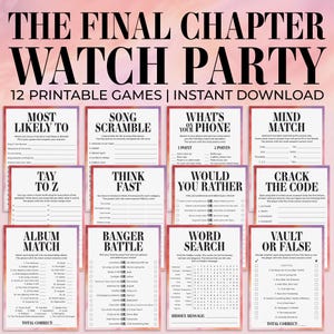 Puede incluir: Un conjunto de 12 juegos imprimibles para una fiesta de visualización, con un fondo degradado rosa y morado. Los juegos incluyen "Most Likely To", "Song Scramble" y "What's on Your Phone". El texto de la imagen dice "The Final Chapter Watch Party".