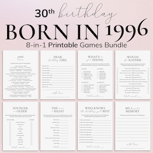 May include: A printable 8-in-1 game bundle for a 30th birthday, with the text "BORN IN 1996". The games include "1996 Trivia", "Dear Birthday Girl", "What's on your Phone", and "Would You Rather".
