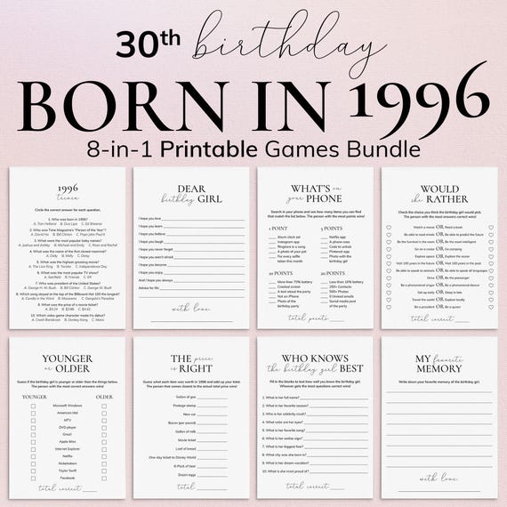 Born in 1996 30th Birthday Games for Woman Fun 30 Birthday Party Games Turning 30 Birthday Dinner for Her 30th Birthday Wish Cards Women PP2