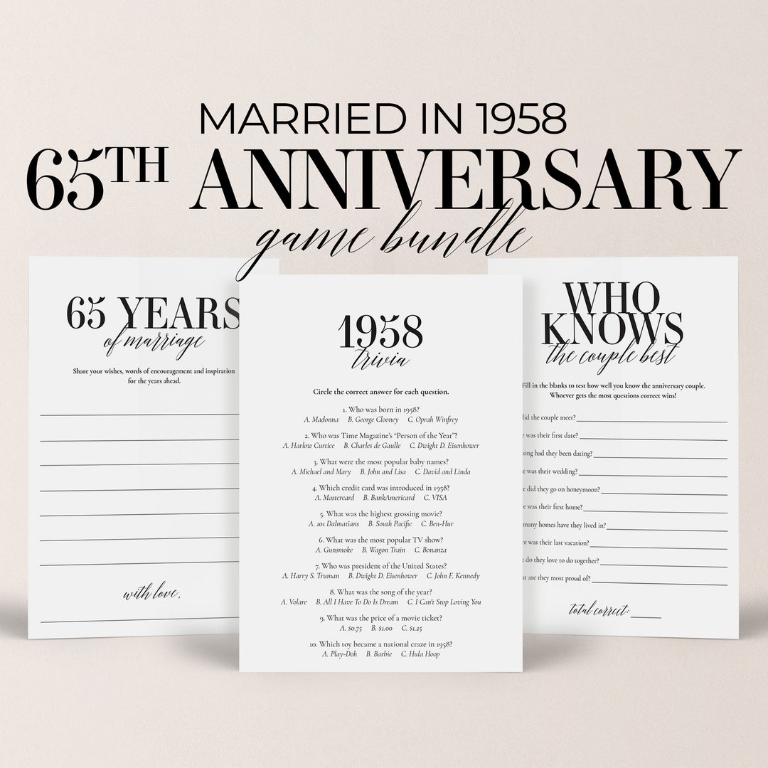 65th Anniversary Party Games Married in 1958 Trivia Printable - Etsy