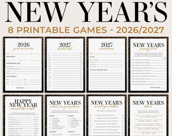 May include: A set of eight printable New Year's games for 2026 and 2027, featuring black and gold glitter borders. The collection includes a year in review, bucket list, resolutions, family feud, trivia, and other interactive party activities.