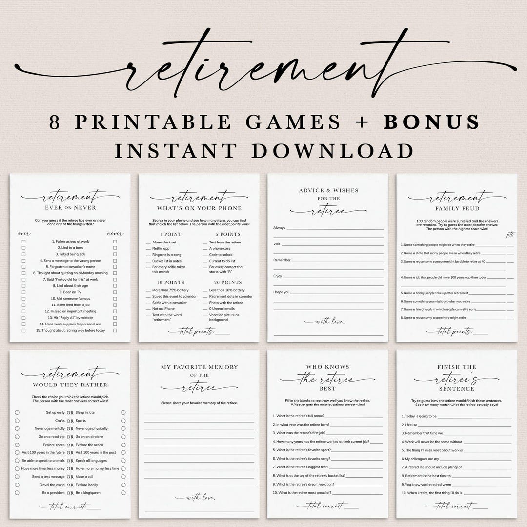 Printable Retirement Fun Guide.pdf Retirement Games Printable Minimal Retirement Games Retirement Party ...