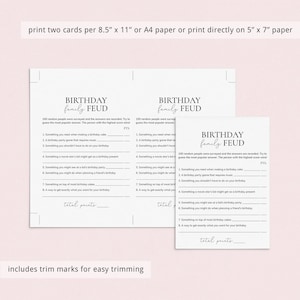 Pode incluir: Cartas de jogo de anivers&aacute;rio imprim&iacute;veis com o t&iacute;tulo "Birthday Family Feud". O jogo pede aos jogadores que adivinhem as respostas mais populares a perguntas como "Algo que voc&ecirc; precisa quando faz um bolo de anivers&aacute;rio" e "Algo que voc&ecirc; pode ver em uma festa de anivers&aacute;rio de uma crian&ccedil;a".