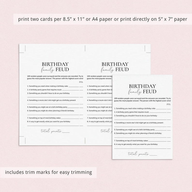 Pode incluir: Cartas de jogo de anivers&aacute;rio imprim&iacute;veis com o t&iacute;tulo "Birthday Family Feud". O jogo pede aos jogadores que adivinhem as respostas mais populares a perguntas como "Algo que voc&ecirc; precisa quando faz um bolo de anivers&aacute;rio" e "Algo que voc&ecirc; pode ver em uma festa de anivers&aacute;rio de uma crian&ccedil;a".