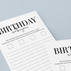 May include: A printable birthday party game with the title "Birthday Scattergories". The game instructions are to fill in the blanks with words that begin with each letter of the birthday person's name or initials. The person with the most words filled in wins.