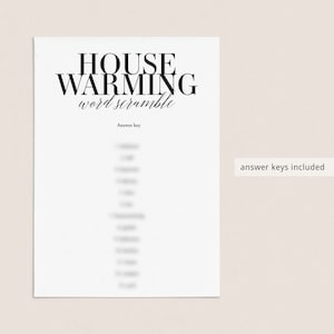 May include: A printable housewarming party game with the title "House Warming Word Scramble" and the text "Answer Key" below. The answer key is blurred out.