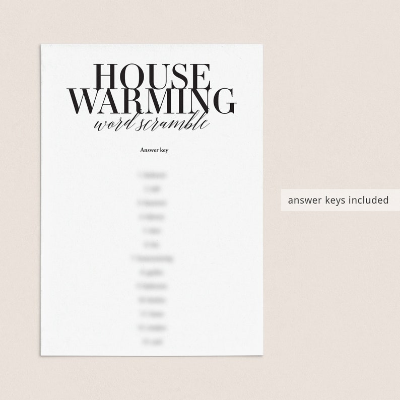 May include: A printable housewarming party game with the title "House Warming Word Scramble" and the text "Answer Key" below. The answer key is blurred out.