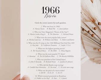 1966 Trivia Printable 60s Quiz 60th Birthday Party Game Back to the 60s Party Games Married in 1966 60th Anniversary Sixties Games PDF MB2